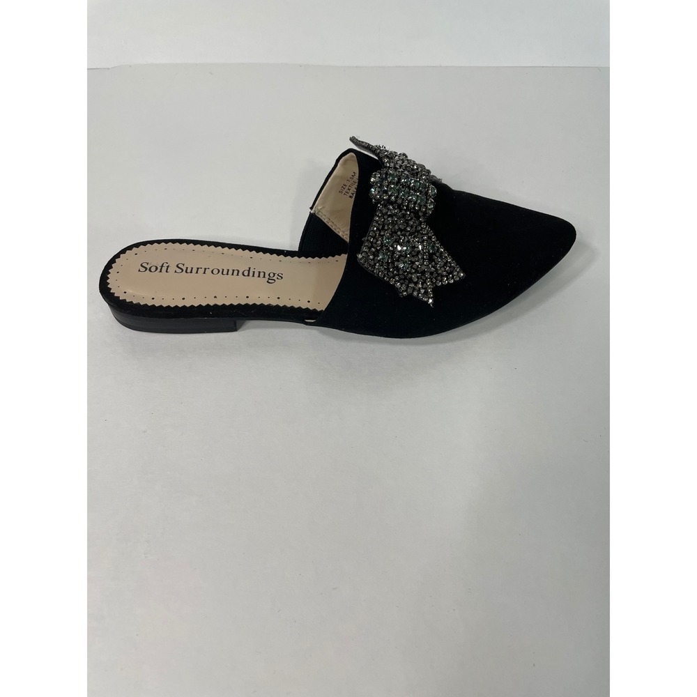 Soft Surroundings Suede Pointed Toe Mules Embellished Bow Rhinestone Flats 7.5M